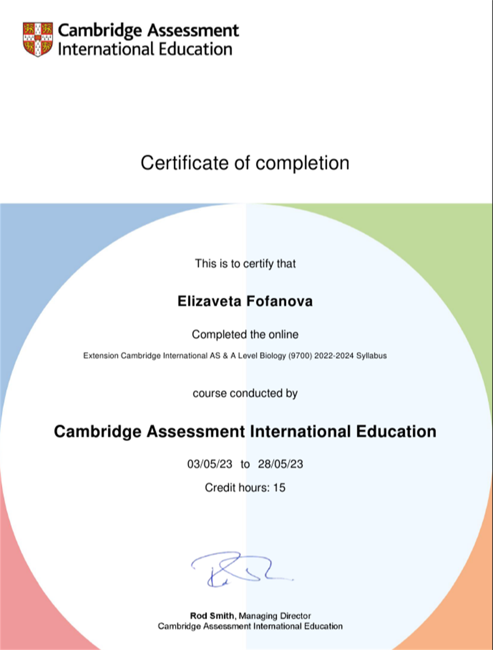Сертификат. Extension Cambridge International AS & A Level Biology (9700) 2022-2024 Syllabus : certificate of completion