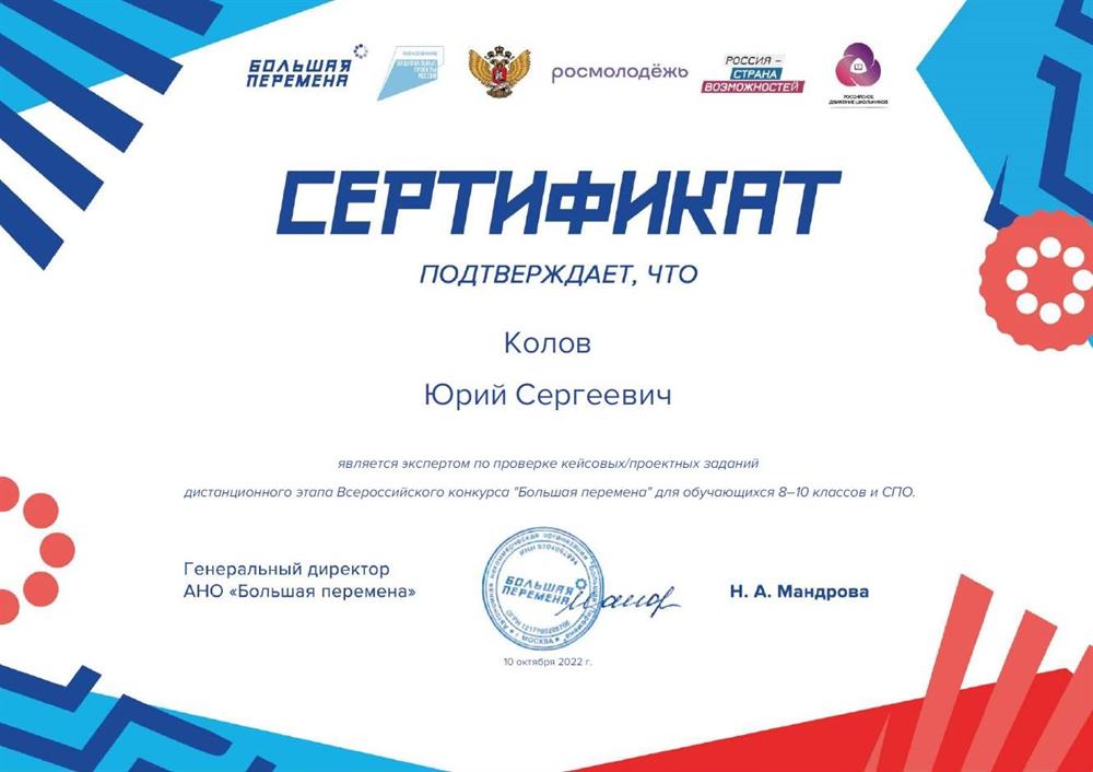 Сертификат эксперта по проверке кейсовых/проектных заданий дистанционного этапа Всероссийского конкурса "Большая перемена" для обучающихся 8–10 классов и СПО