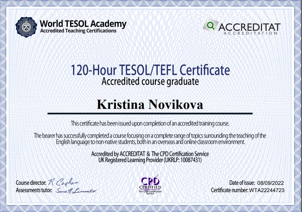 World TESOL Academy, "120-Hour TESOL/TEFL Certificate"