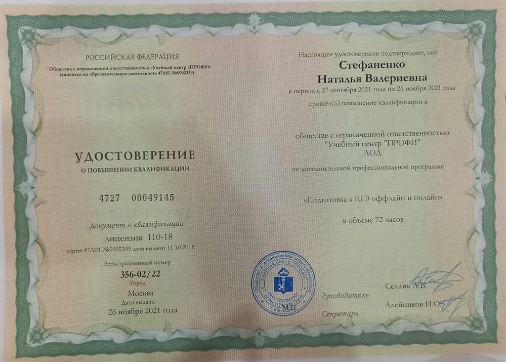 Удостоверение о повышении квалификации 