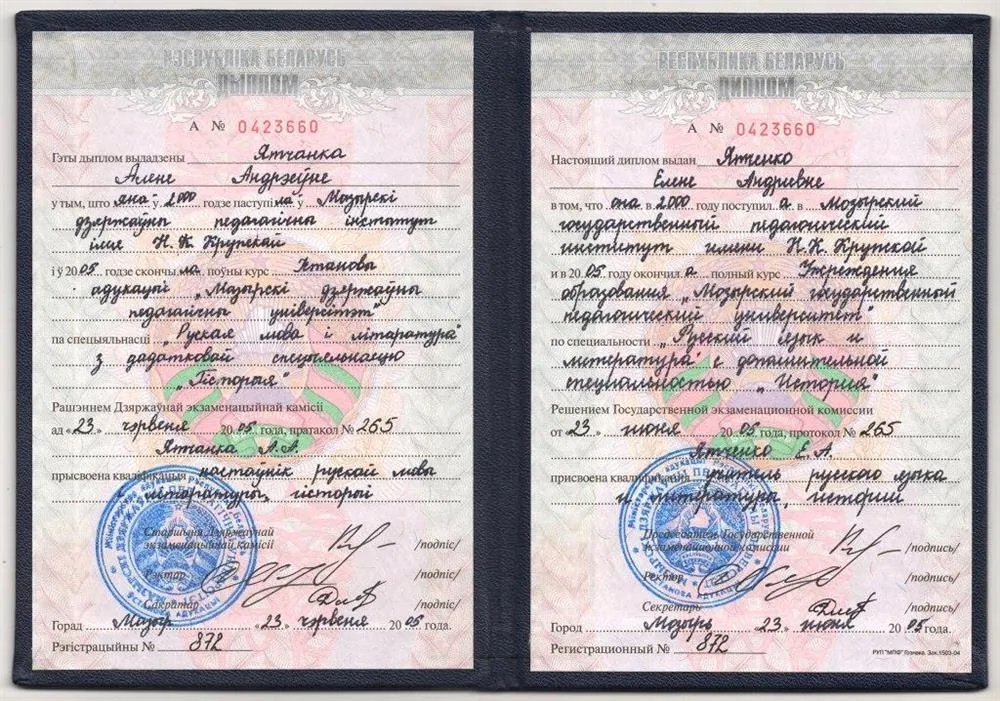 Государственный педагогический университет им.Шамякина, филологический факультет, дополнение история. Специальность: учитель русского языка и литературы, истории
