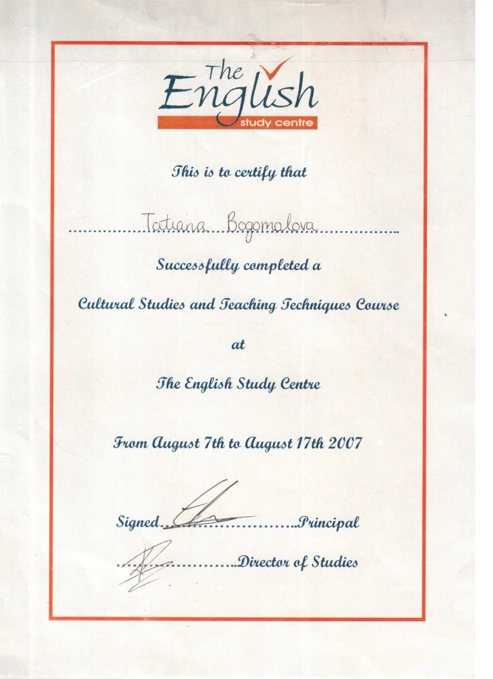 Сертификат по методикам преподавания, UK (Великобритания ), 2007