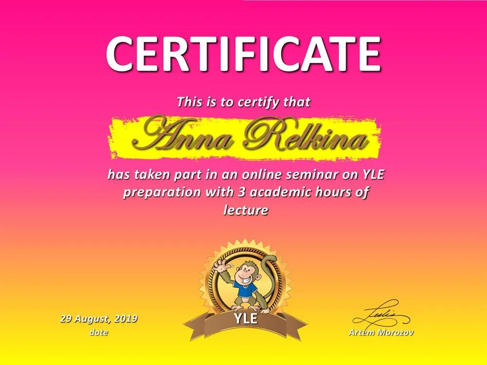 Сертификат участника 3-х часового вебинара на тему подготовки учеников к YL Exams