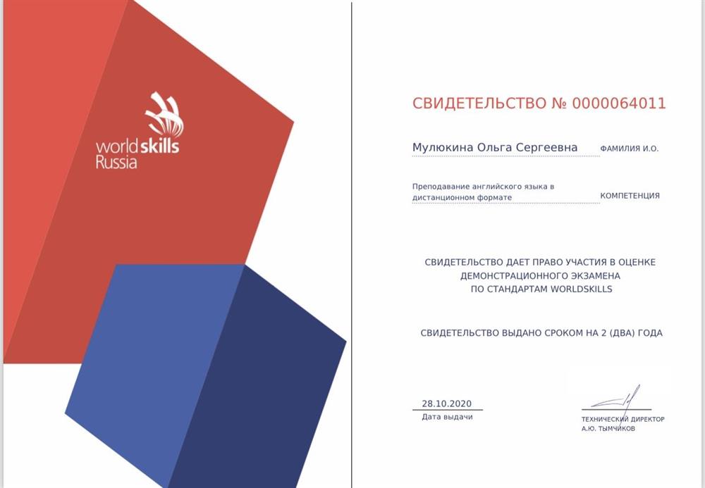 Свидетельство. World skills Russia 