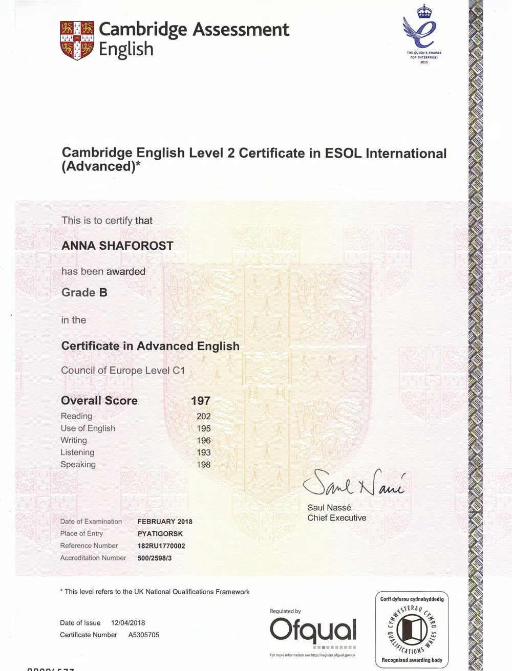 Certificate in Advanced English
