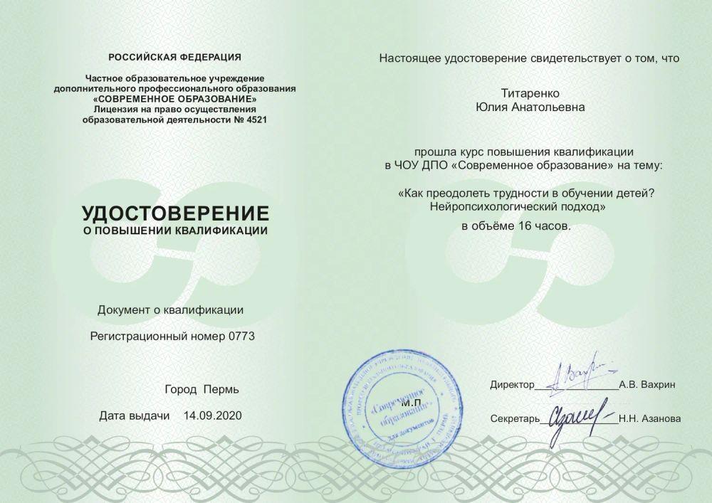 Удостоверение. Нейропсихологический подход в обучении детей.