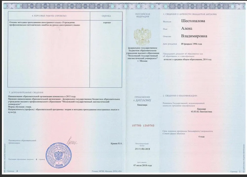 Приложение к диплому бакалавра