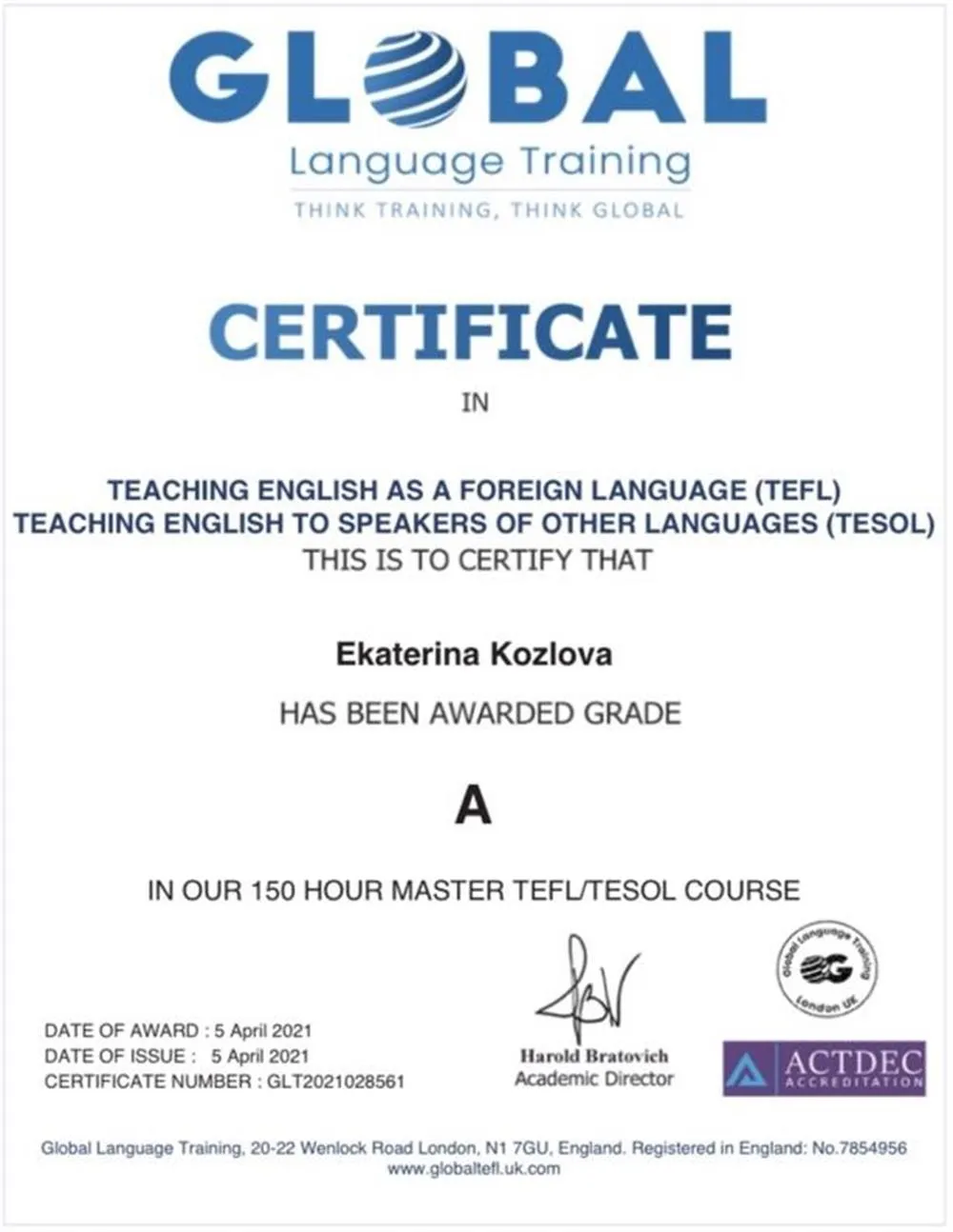 Сертификат по методике преподавания английского языка TEFL/TESOL