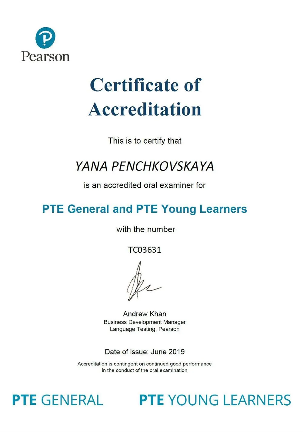 PTE Examiner certificate