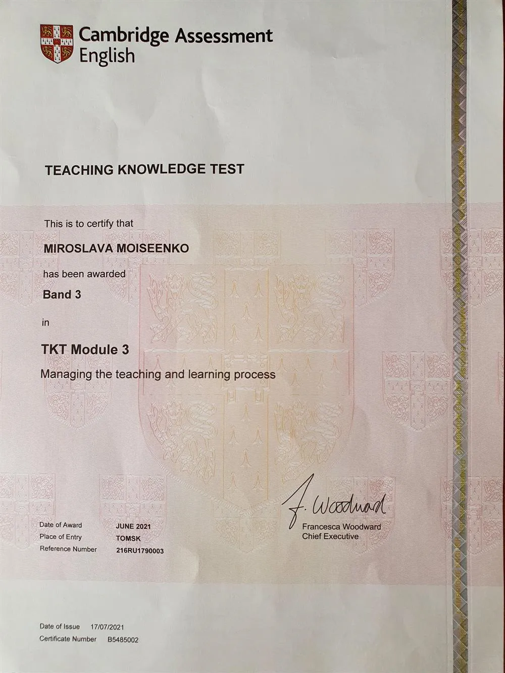 Сертификат международного Кембриджского экзамена Teaching Knowledge Test (TKT), Module 3, Band 3