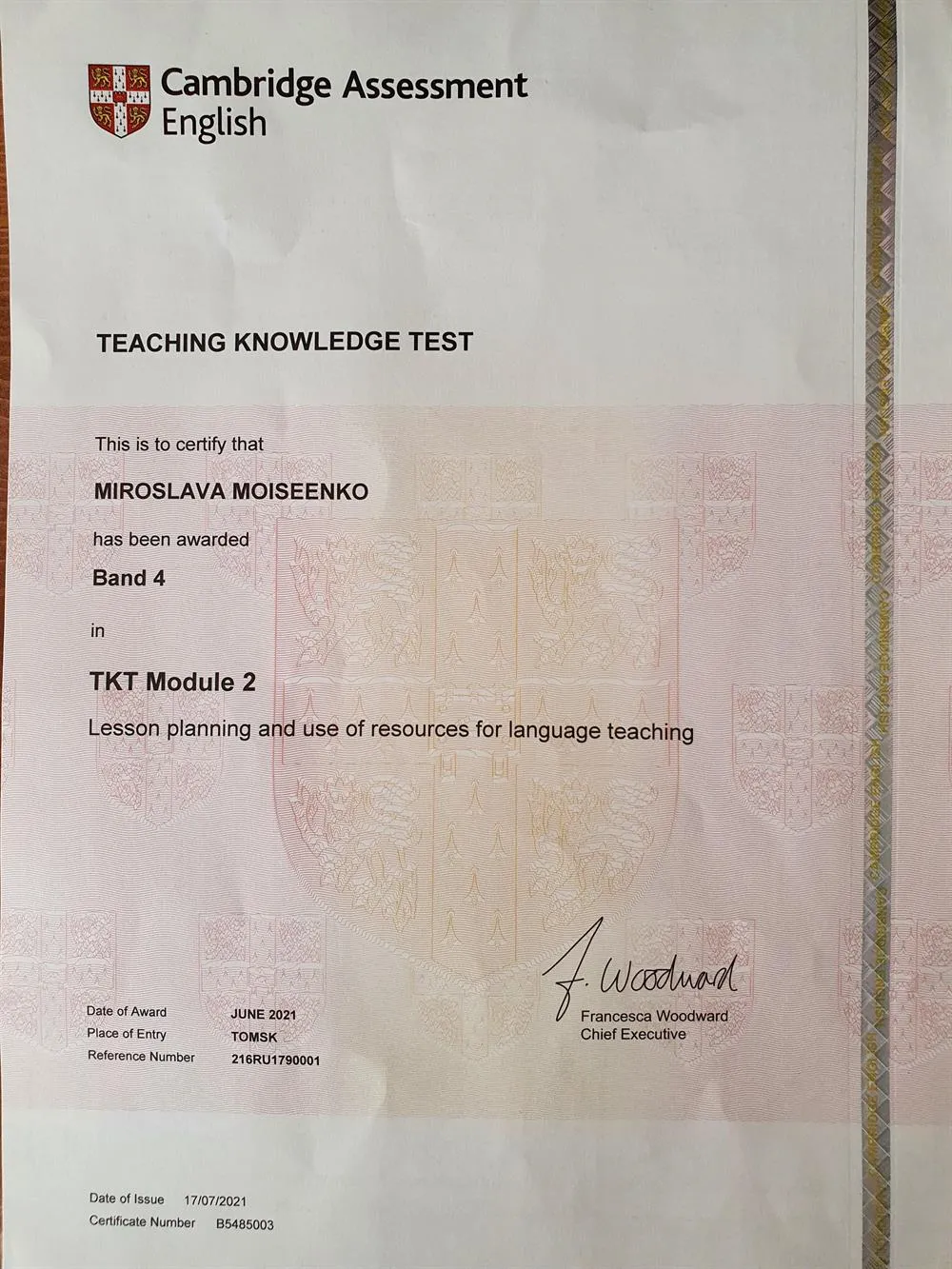 Сертификат международного Кембриджского экзамена Teaching Knowledge Test (TKT), Module 2, Band 4