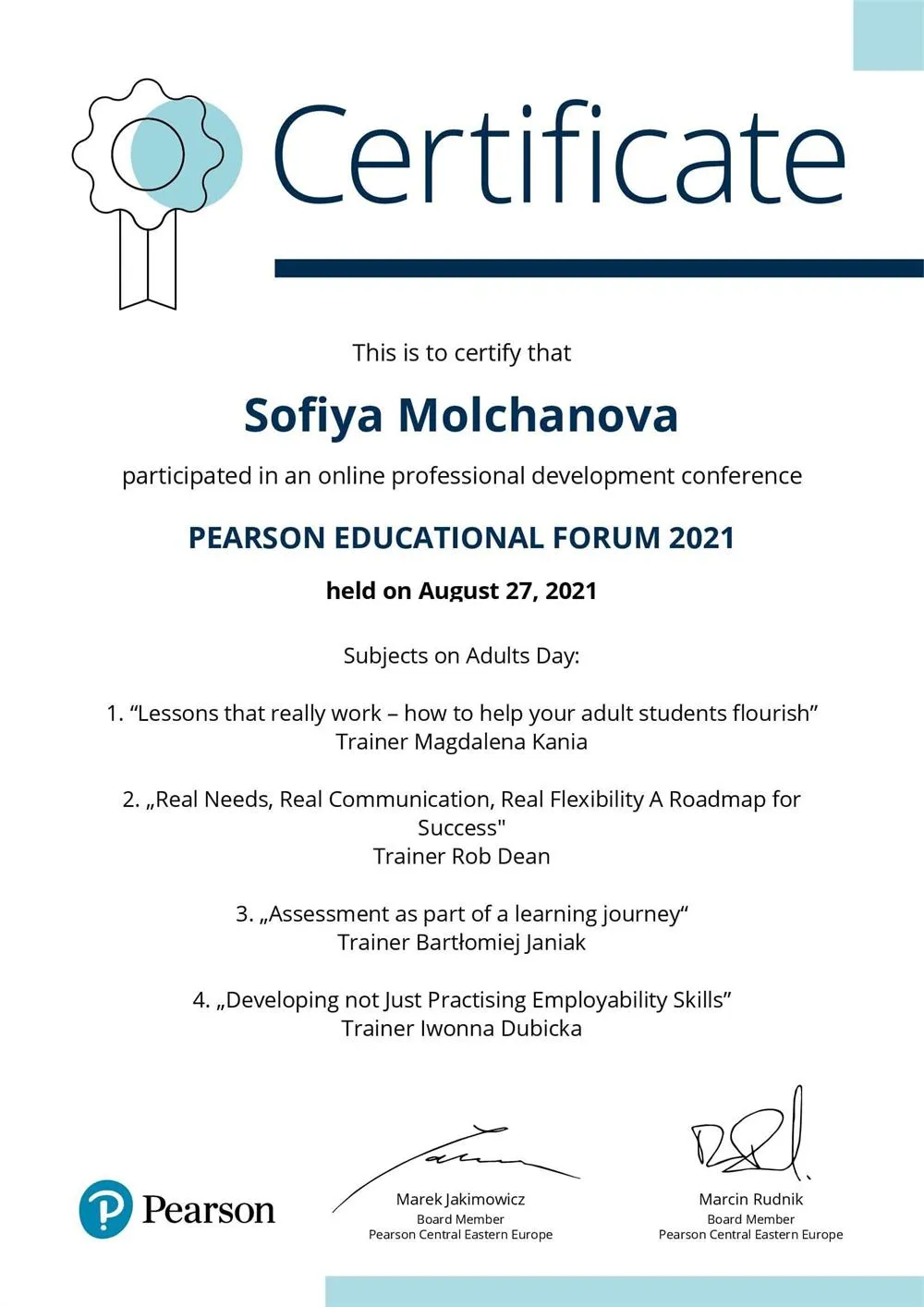 Certificate of attendance
