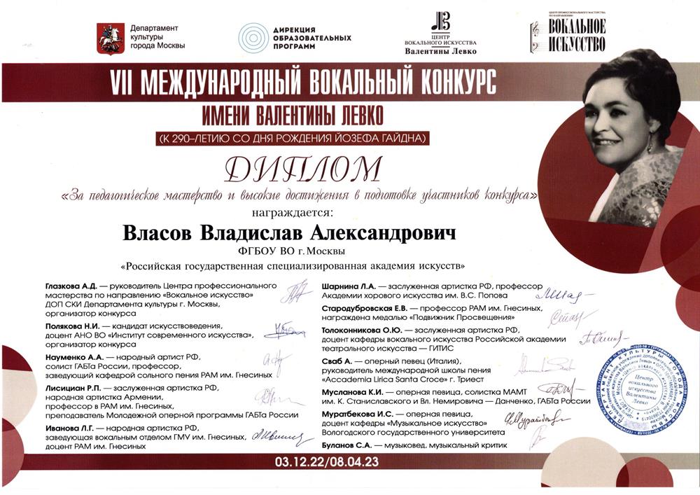 Диплом за педагагическое мастерство Международный вокальный конкурс имени В.Левко