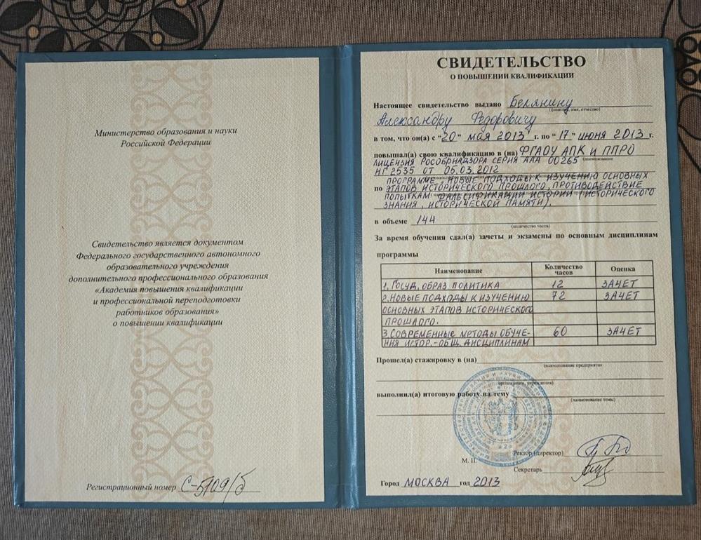 Свидетельство о повышении квалификации