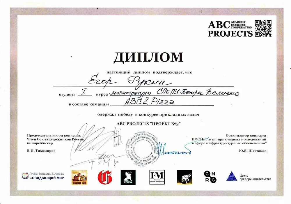 Диплом победителя в конкурсе проектов