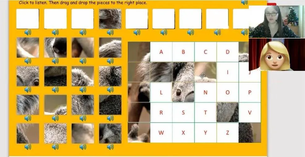 Фото с онлайн-занятия. Уровень Beginner. Повторение алфавита. Интересное и увлекательное интерактивное задания для повторения букв.  Нажимаем на маленькую картинку, слушаем название буквы и ищем её на пазле. Наша задача - собрать всю картину и угадать животное.