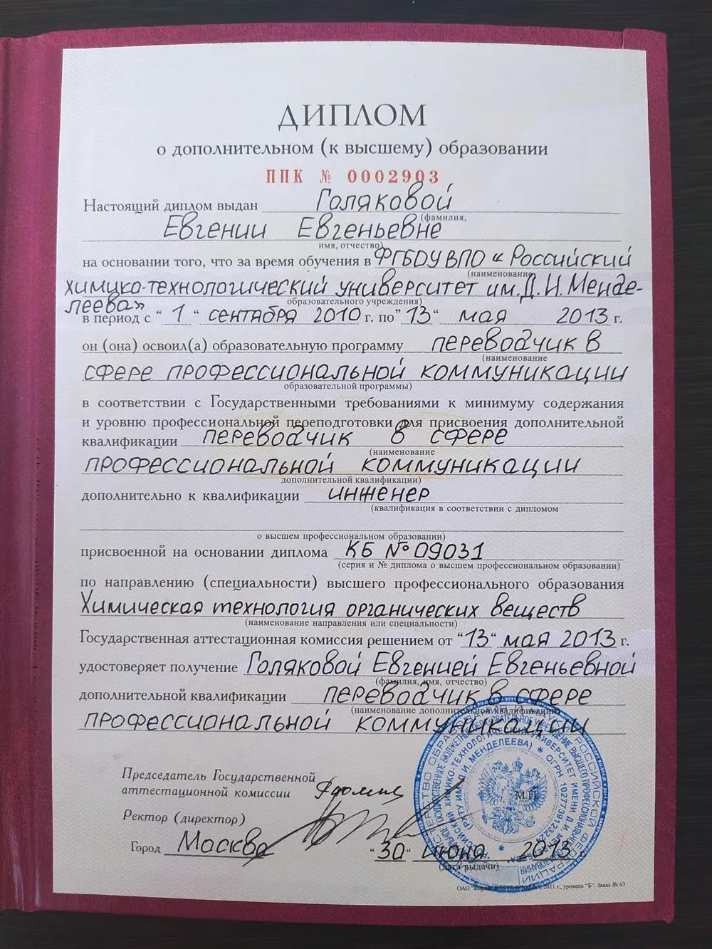 Диплом о дополнительном (к высшему) образовании