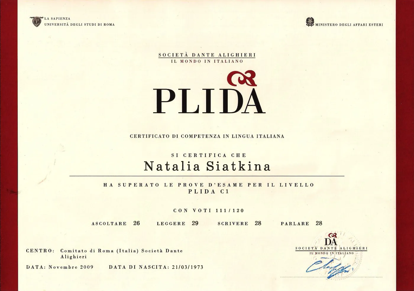 Сертификат Plida C1