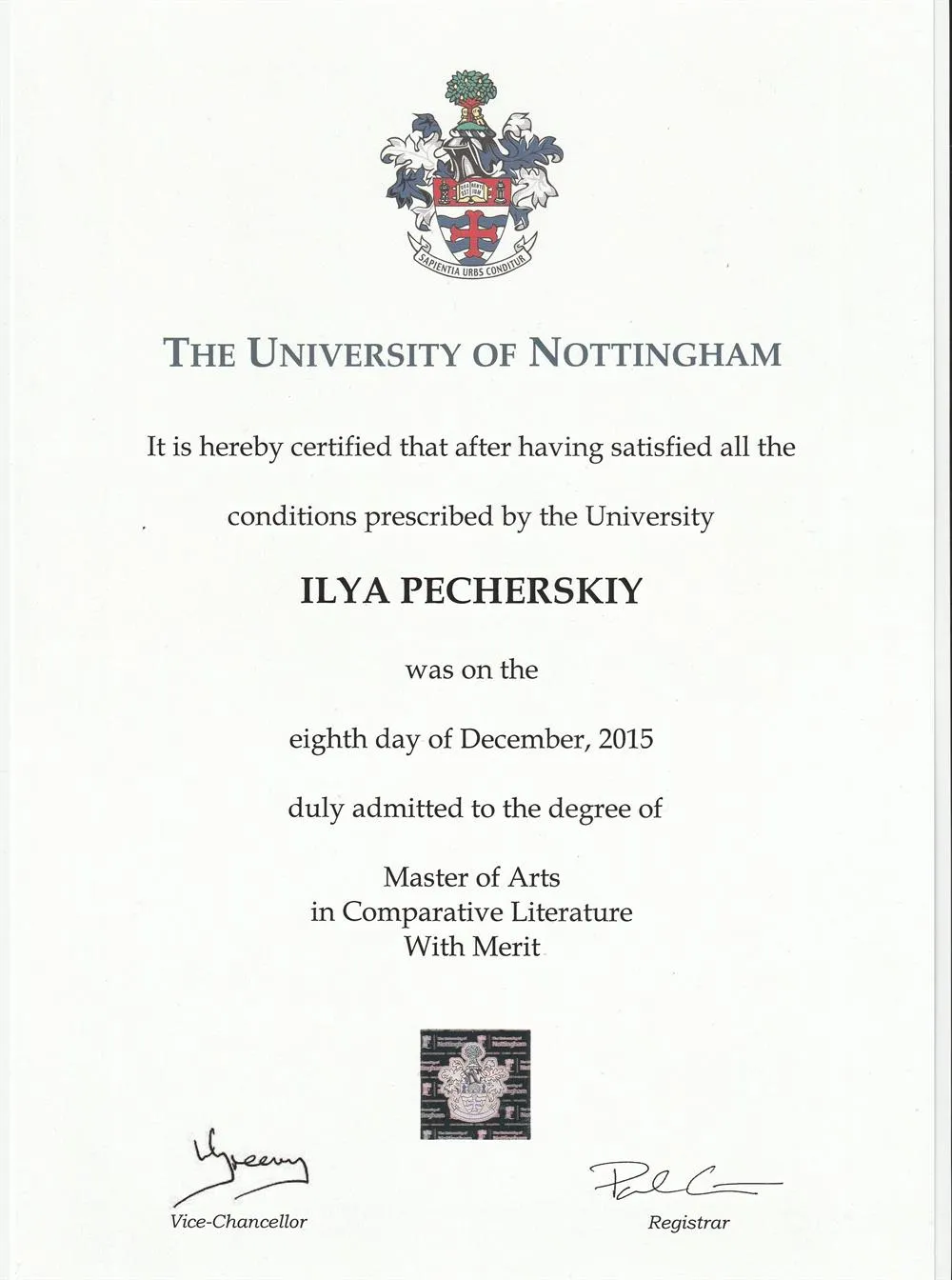 Диплом MA in Comparative Literature (Nottingham University)