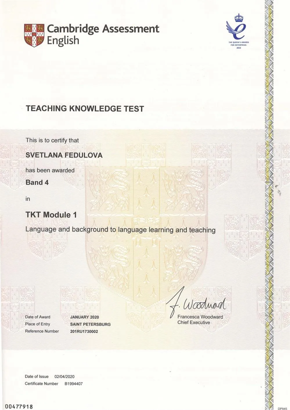 Диплом TKT для учителей (Teaching Knowledge Test) - высший балл