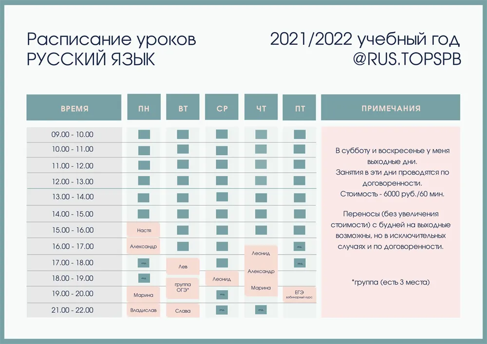 Расписание занятий (актуально на 4-10 октября 2021 г.)