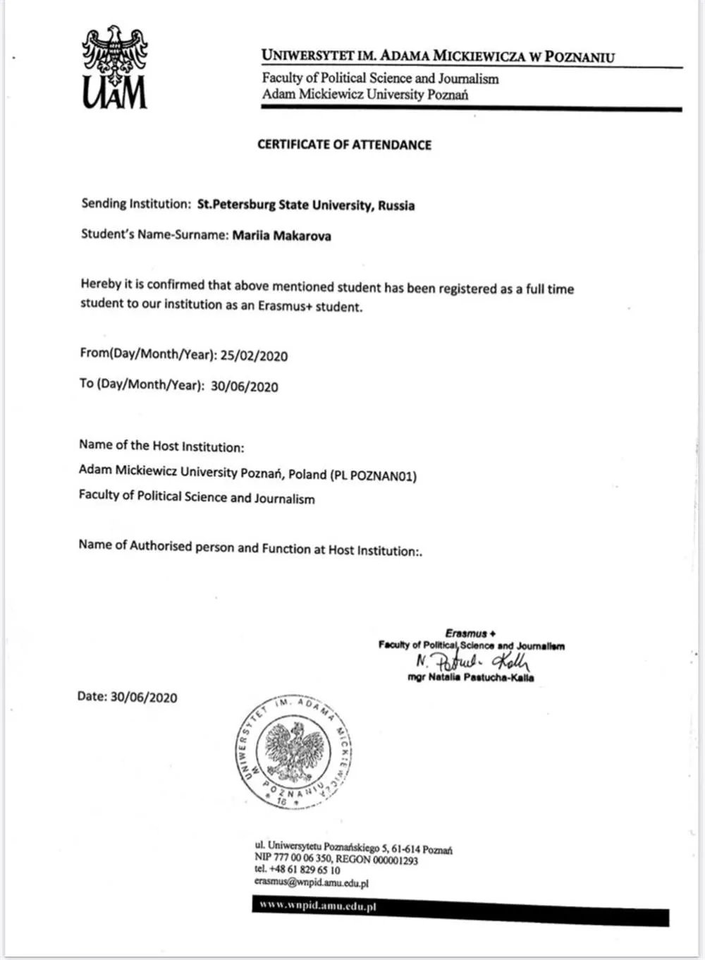Certificate of attendance at AMU in Poland 