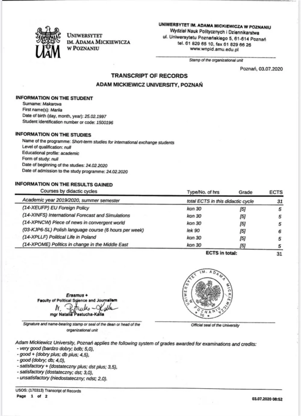 Grades from AMU 